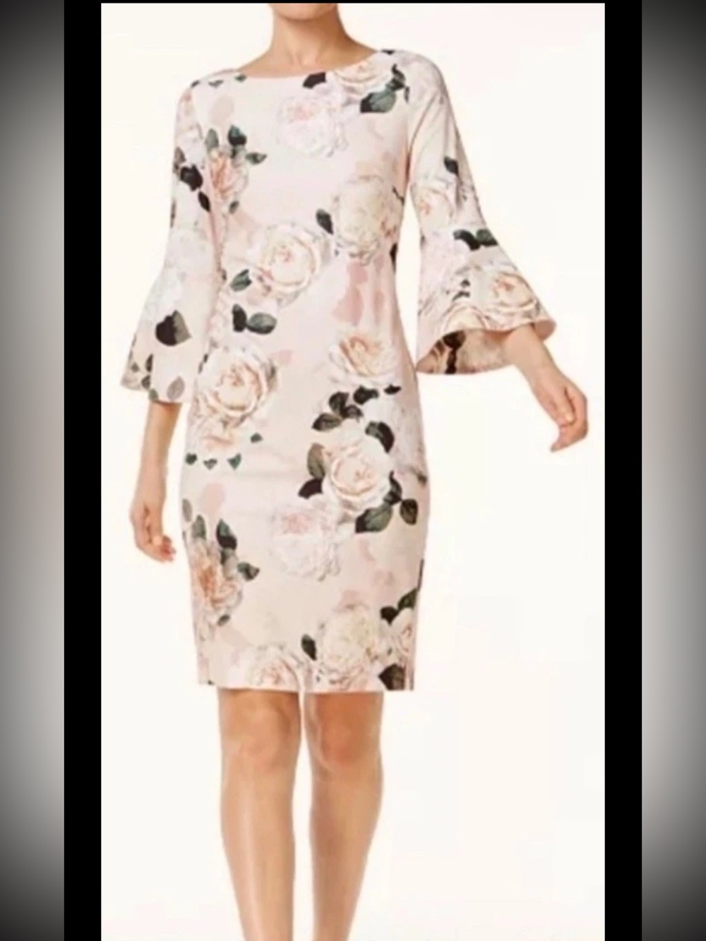 Calvin Klein Dress Size 16 Blush Floral Bell Sleeve Sheath Lined